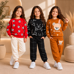 Winter Red Panda Printed Sweatshirt & Black Bear Printed Sweatshirt & Mustard Bear Printed Sweatshirt Suit Set ( Pack of Three )