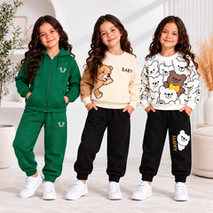 Winter Emerald Green Horse Logo Hoodie & Cream Teddy Bear Graphic Sweatshirt & White Bear Print Sweatshirt  Suit Set ( Pack of Three )