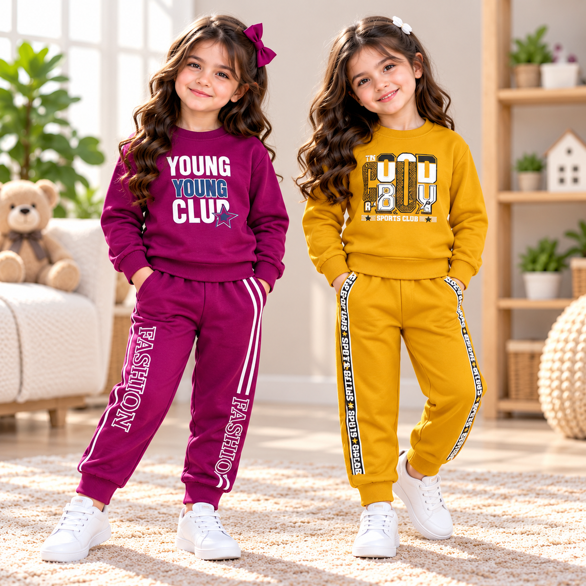 Purple Young Club Printed Winter Tracksuit & Mustard Sports Club Printed Winter Tracksuit  ( Pack of 2 )