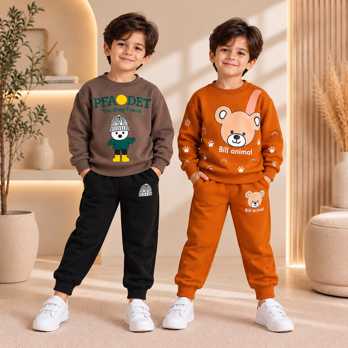 PFAODET Printed Brown Sweatshirt & Black Trouser & Bill Animal Orange Printed Tracksuit  – Pack of 2