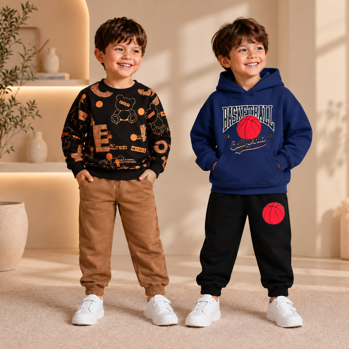 Black Bear Print Sweatshirt & Navy Basketball Hoodie Set   – Pack of 2